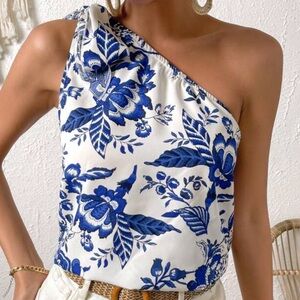 Vacation Cottagecore, Floral One-Shoulder Top in Blue and White, Shoulder Bow, L